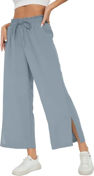 HIYIYEZI Womens Wide Leg Lounge Pants High Waisted Drawstring Casual Loose Palazzo Trousers with Pockets