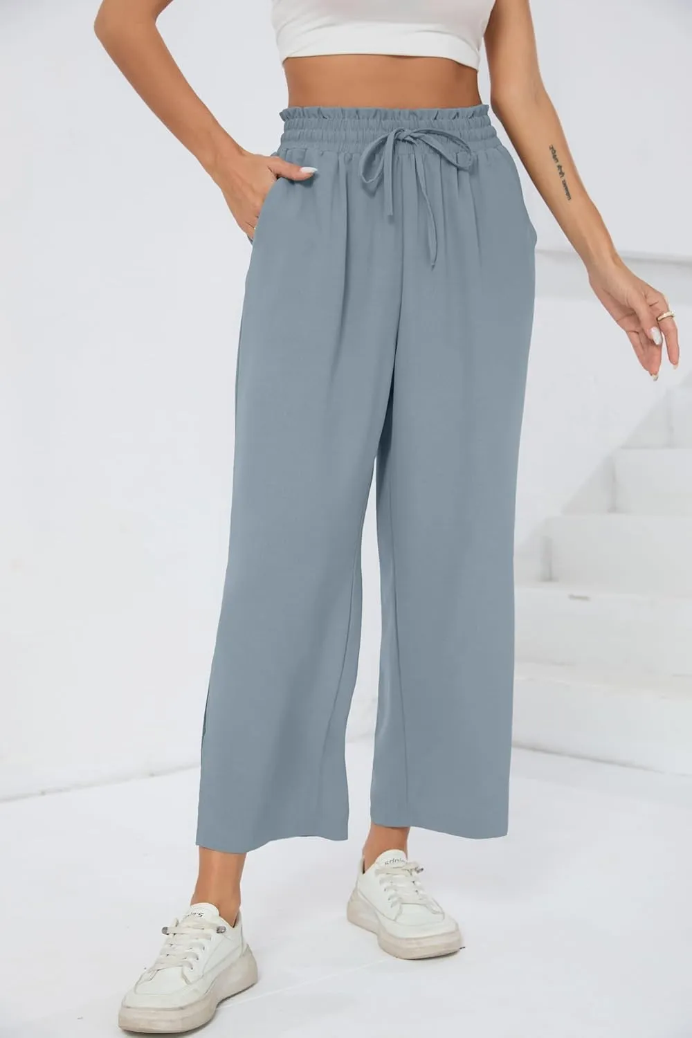 HIYIYEZI Womens Wide Leg Lounge Pants High Waisted Drawstring Casual Loose Palazzo Trousers with Pockets