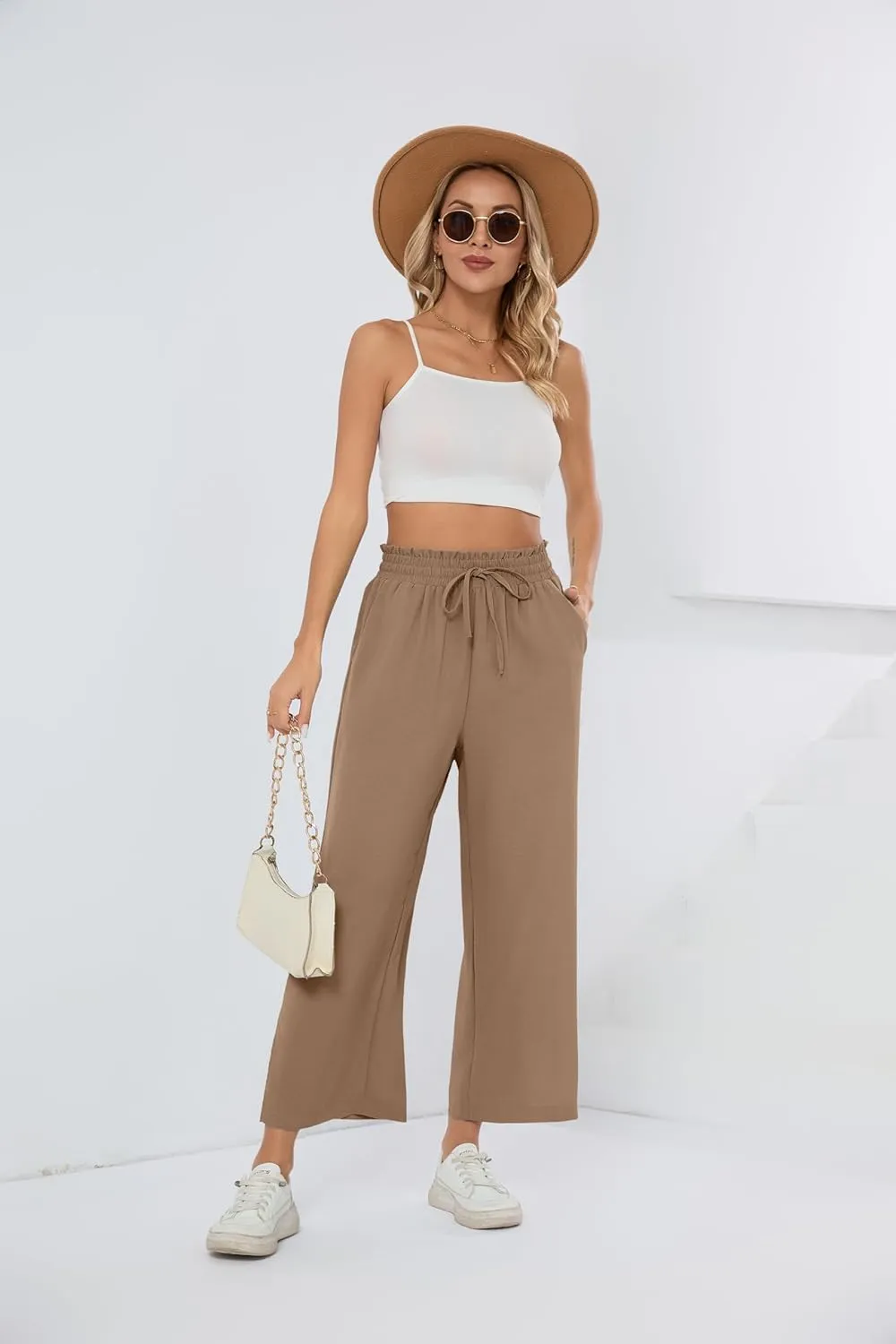 HIYIYEZI Womens Wide Leg Lounge Pants High Waisted Drawstring Casual Loose Palazzo Trousers with Pockets