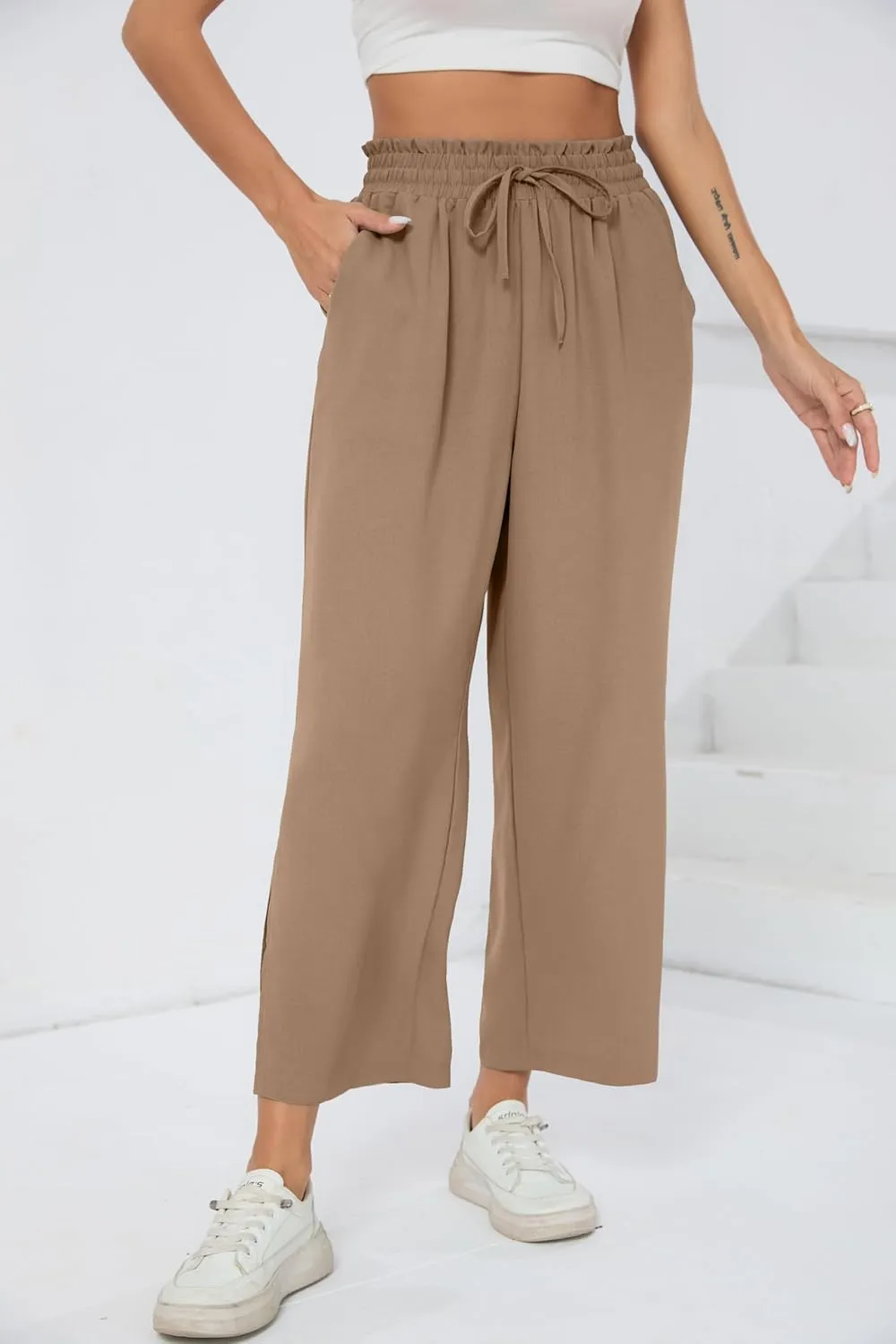 HIYIYEZI Womens Wide Leg Lounge Pants High Waisted Drawstring Casual Loose Palazzo Trousers with Pockets