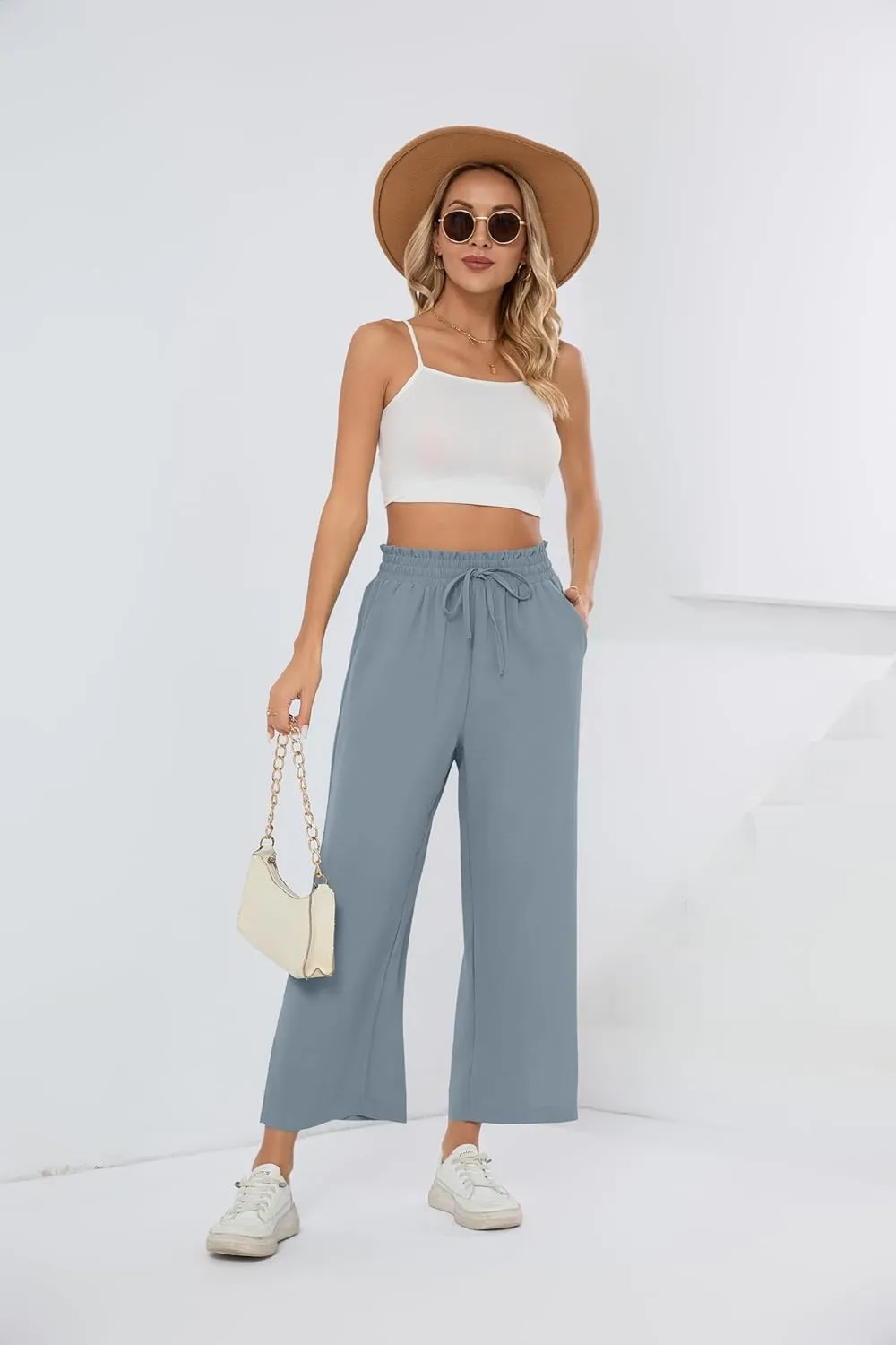 HIYIYEZI Womens Wide Leg Lounge Pants High Waisted Drawstring Casual Loose Palazzo Trousers with Pockets