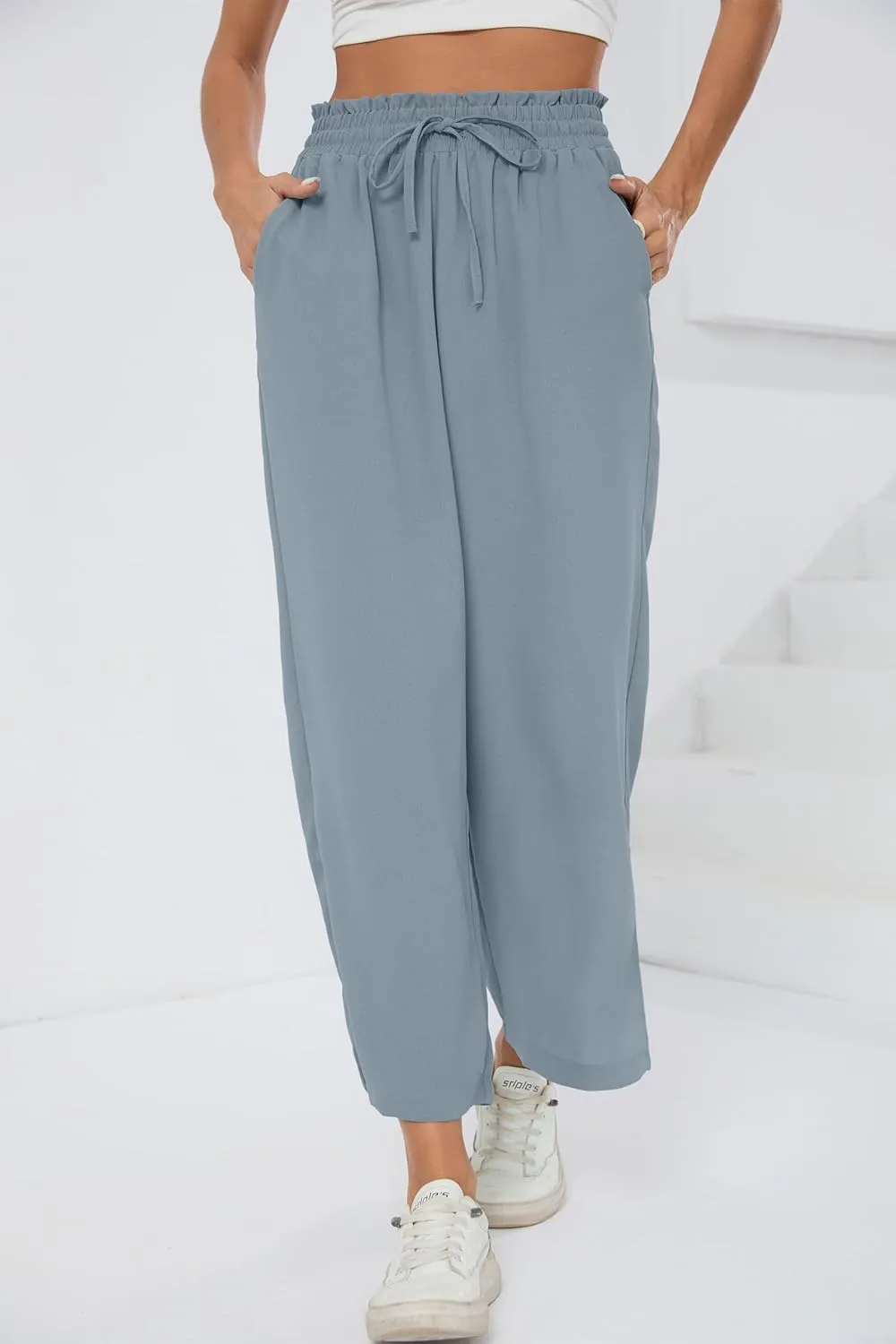 HIYIYEZI Womens Wide Leg Lounge Pants High Waisted Drawstring Casual Loose Palazzo Trousers with Pockets
