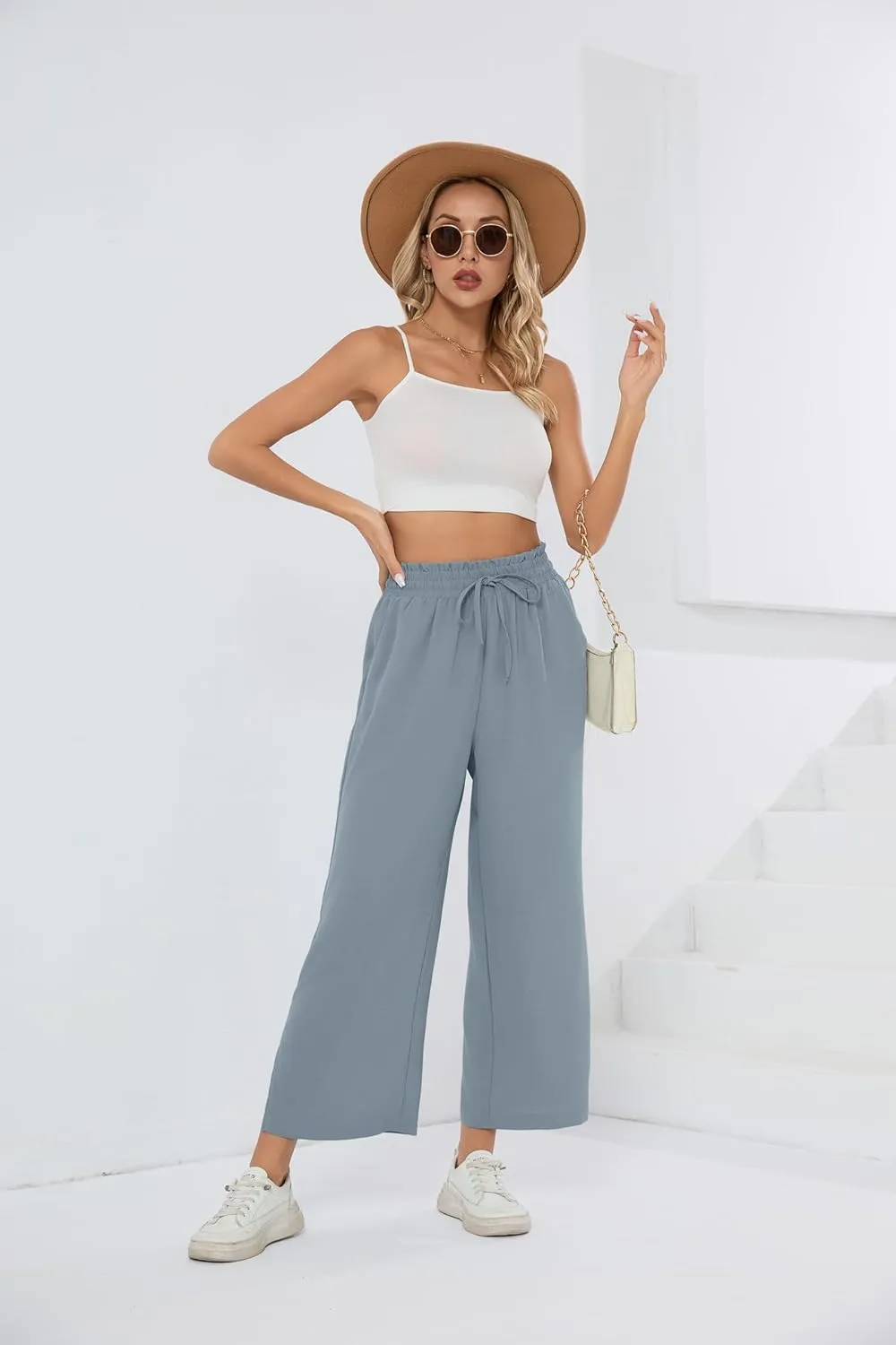 HIYIYEZI Womens Wide Leg Lounge Pants High Waisted Drawstring Casual Loose Palazzo Trousers with Pockets