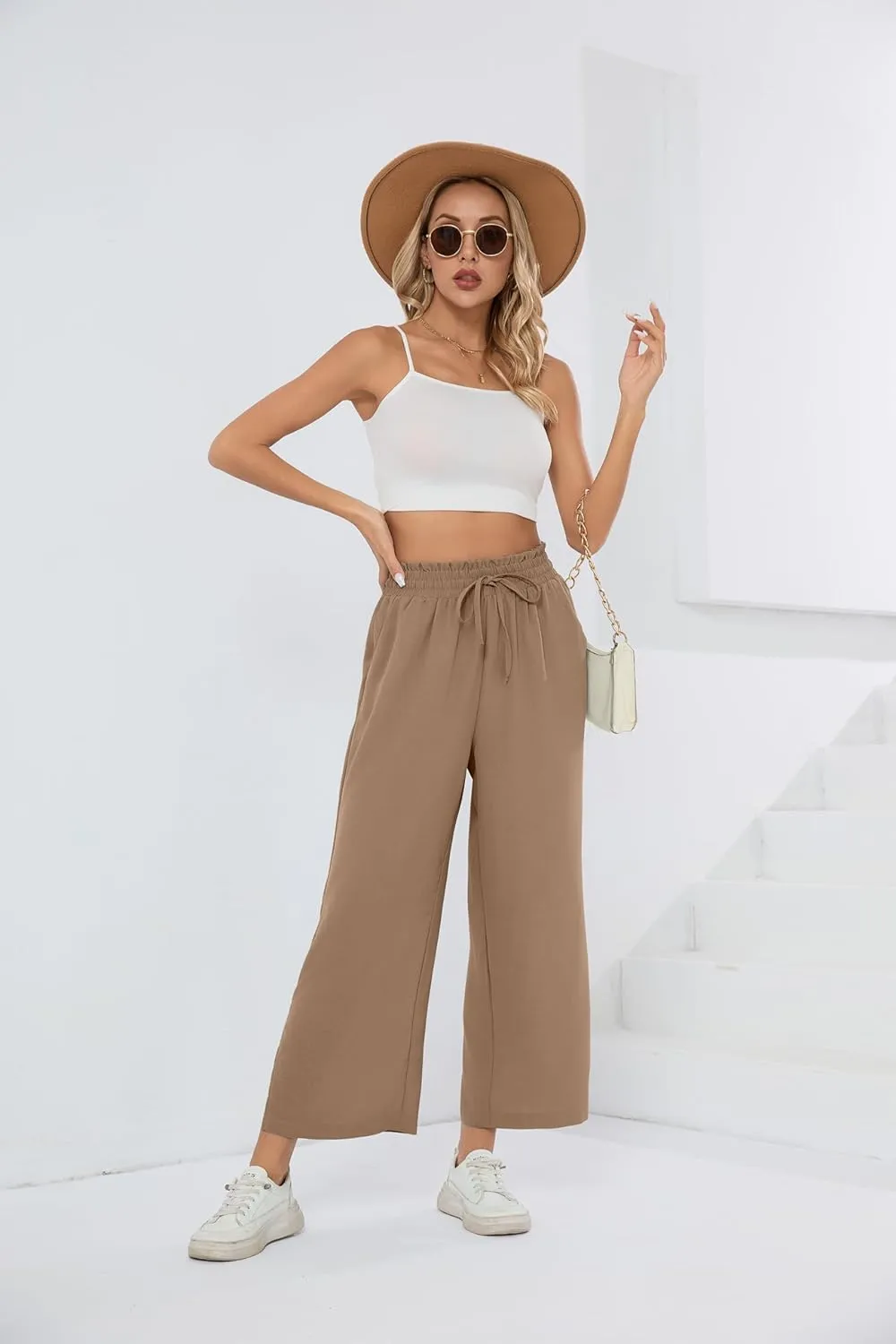 HIYIYEZI Womens Wide Leg Lounge Pants High Waisted Drawstring Casual Loose Palazzo Trousers with Pockets