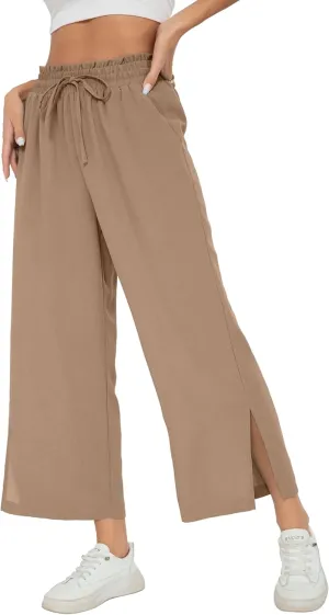 HIYIYEZI Womens Wide Leg Lounge Pants High Waisted Drawstring Casual Loose Palazzo Trousers with Pockets