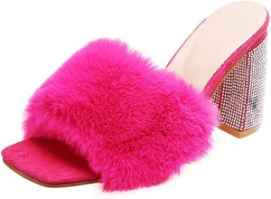 HOTRA Women Fluffy Chunky Heel Slippers with Rhinestone Open Toe Slip On Sandals Shoes (Color : Rose Red, Size : 10 US)