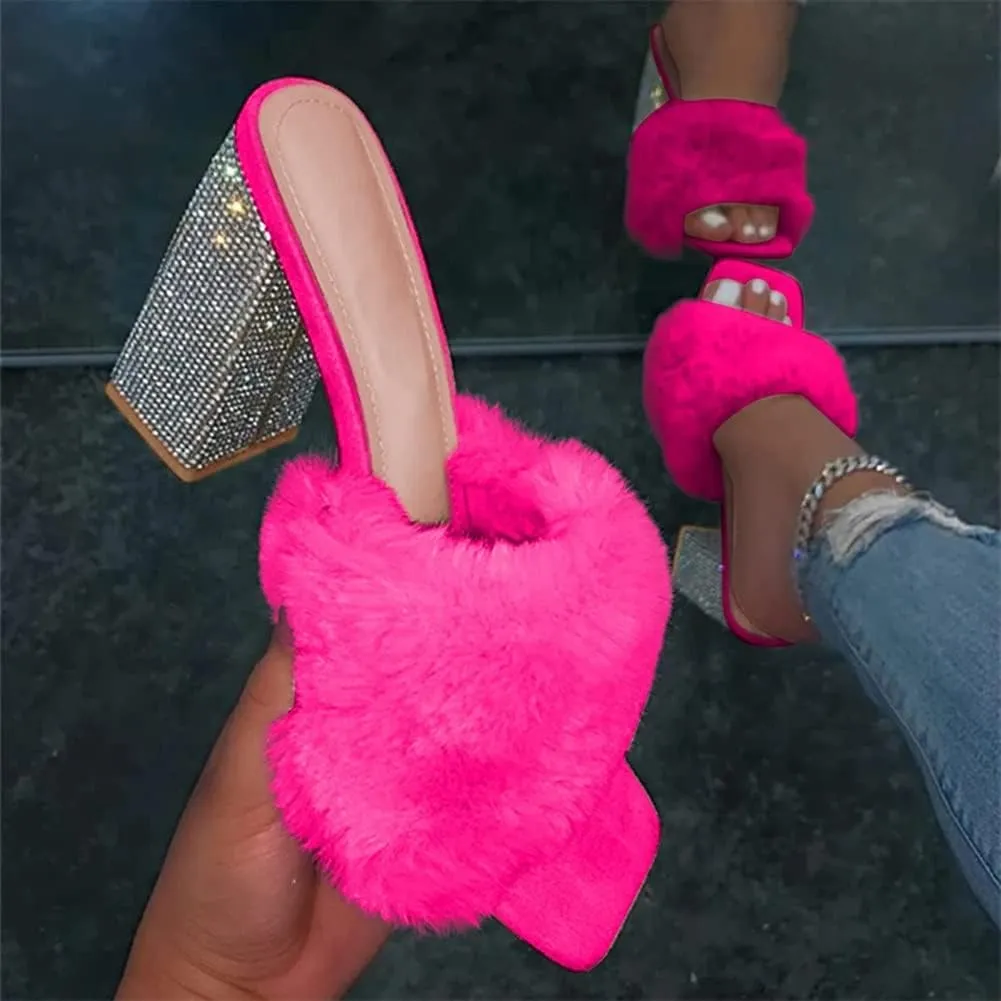 HOTRA Women Fluffy Chunky Heel Slippers with Rhinestone Open Toe Slip On Sandals Shoes (Color : Rose Red, Size : 10 US)