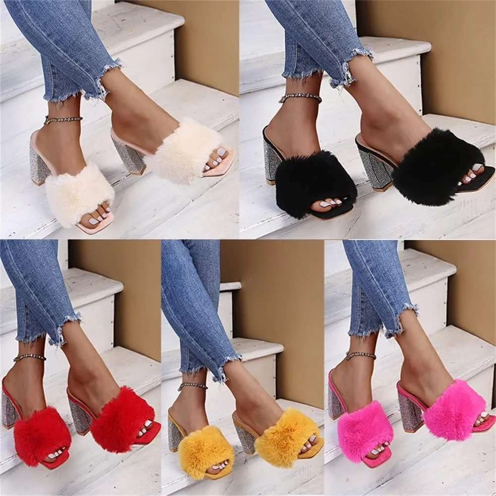HOTRA Women Fluffy Chunky Heel Slippers with Rhinestone Open Toe Slip On Sandals Shoes (Color : Rose Red, Size : 10 US)