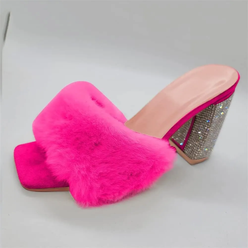 HOTRA Women Fluffy Chunky Heel Slippers with Rhinestone Open Toe Slip On Sandals Shoes (Color : Rose Red, Size : 10 US)