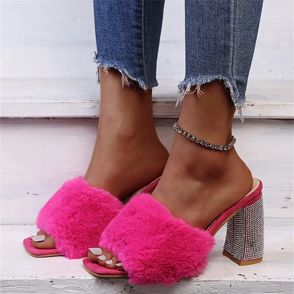 HOTRA Women Fluffy Chunky Heel Slippers with Rhinestone Open Toe Slip On Sandals Shoes (Color : Rose Red, Size : 10 US)