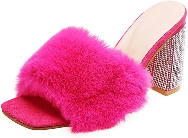 HOTRA Women Fluffy Chunky Heel Slippers with Rhinestone Open Toe Slip On Sandals Shoes (Color : Rose Red, Size : 10 US)