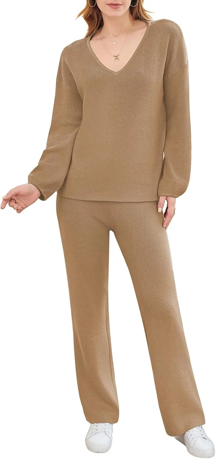 HUUSA Women's 2 Piece Outfits Long Sleeve V Neck Knit Pullover Sweater Top High Waist Wide Legs Pants Sweatsuit Lounge Sets