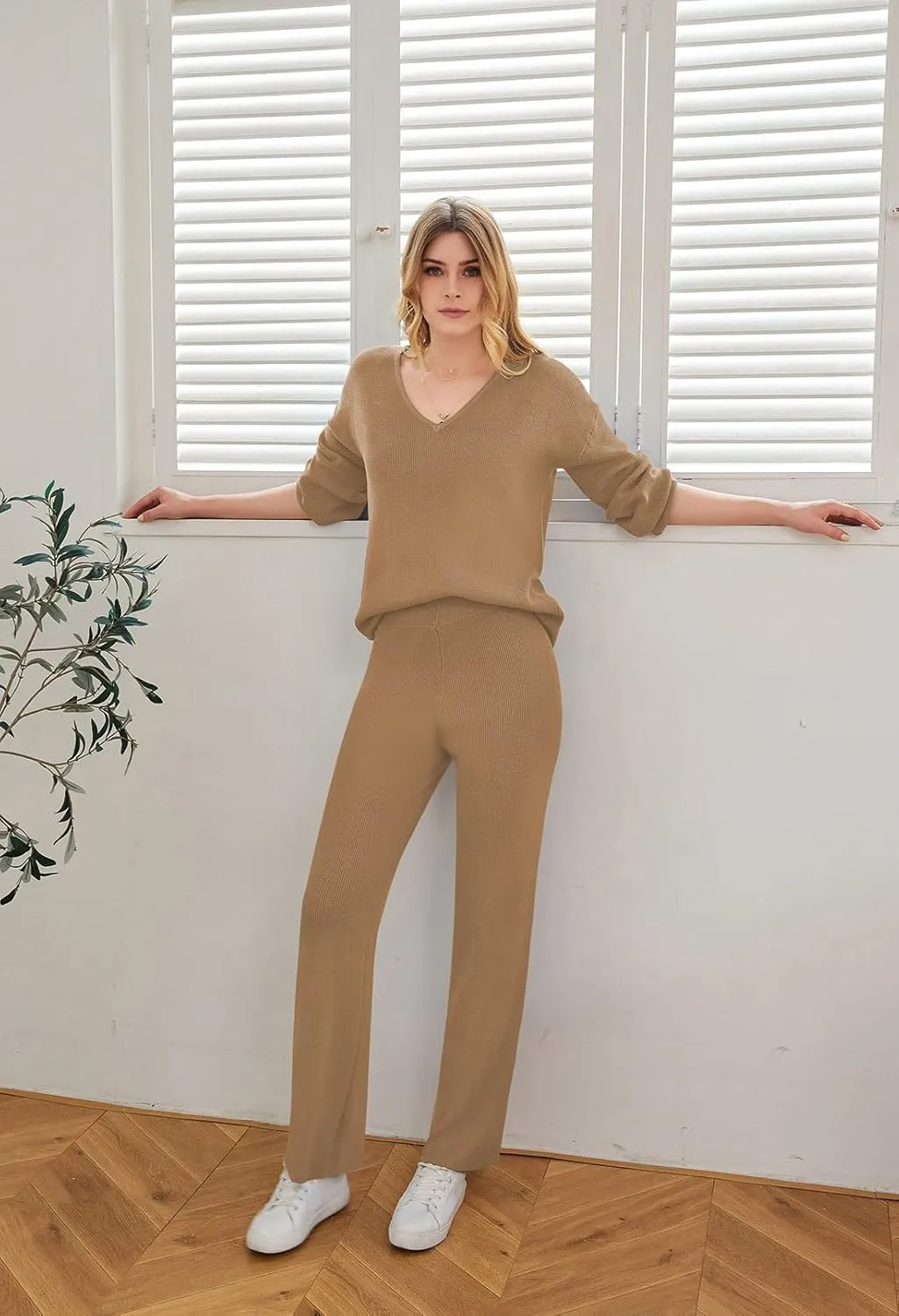 HUUSA Women's 2 Piece Outfits Long Sleeve V Neck Knit Pullover Sweater Top High Waist Wide Legs Pants Sweatsuit Lounge Sets