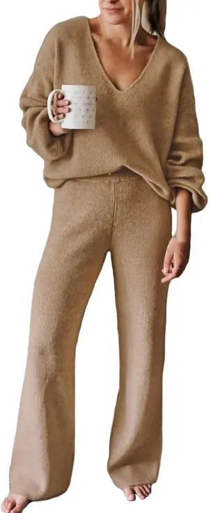 HUUSA Women's 2 Piece Outfits Long Sleeve V Neck Knit Pullover Sweater Top High Waist Wide Legs Pants Sweatsuit Lounge Sets