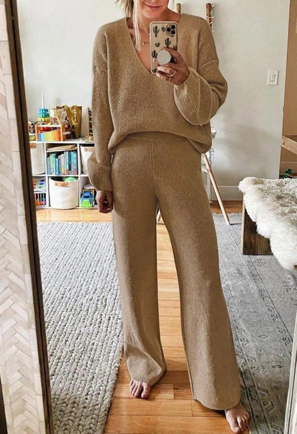 HUUSA Women's 2 Piece Outfits Long Sleeve V Neck Knit Pullover Sweater Top High Waist Wide Legs Pants Sweatsuit Lounge Sets