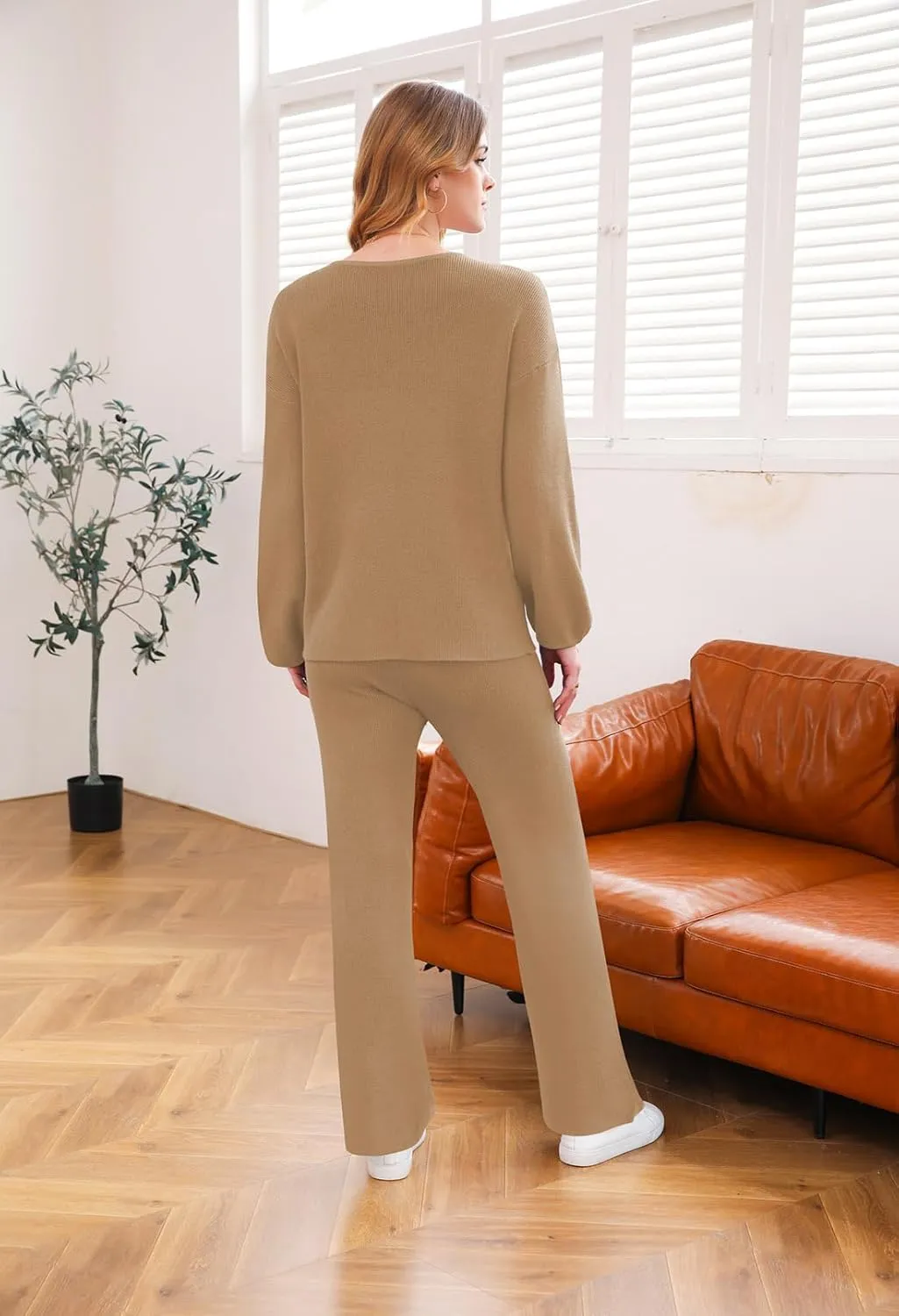 HUUSA Women's 2 Piece Outfits Long Sleeve V Neck Knit Pullover Sweater Top High Waist Wide Legs Pants Sweatsuit Lounge Sets