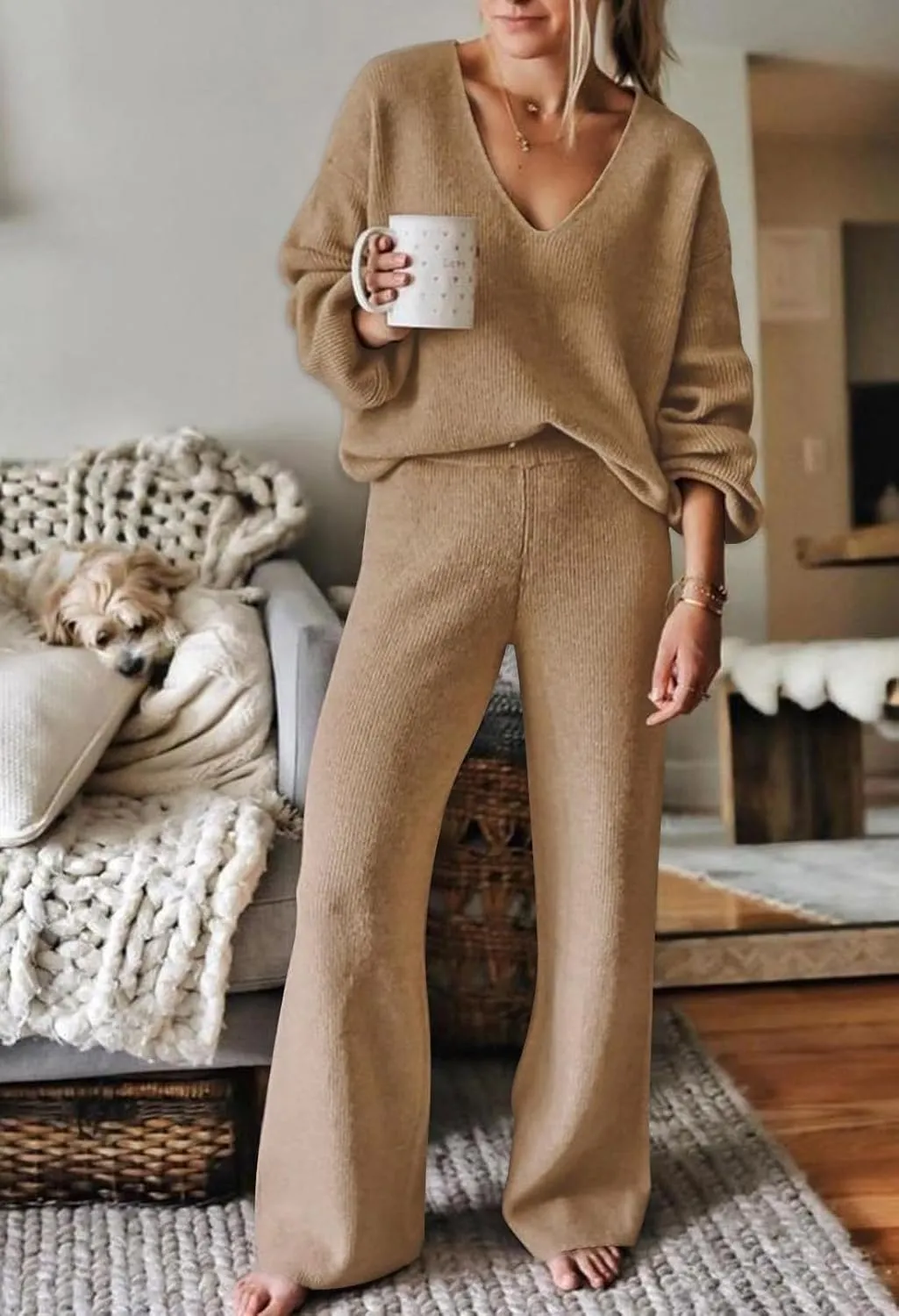 HUUSA Women's 2 Piece Outfits Long Sleeve V Neck Knit Pullover Sweater Top High Waist Wide Legs Pants Sweatsuit Lounge Sets
