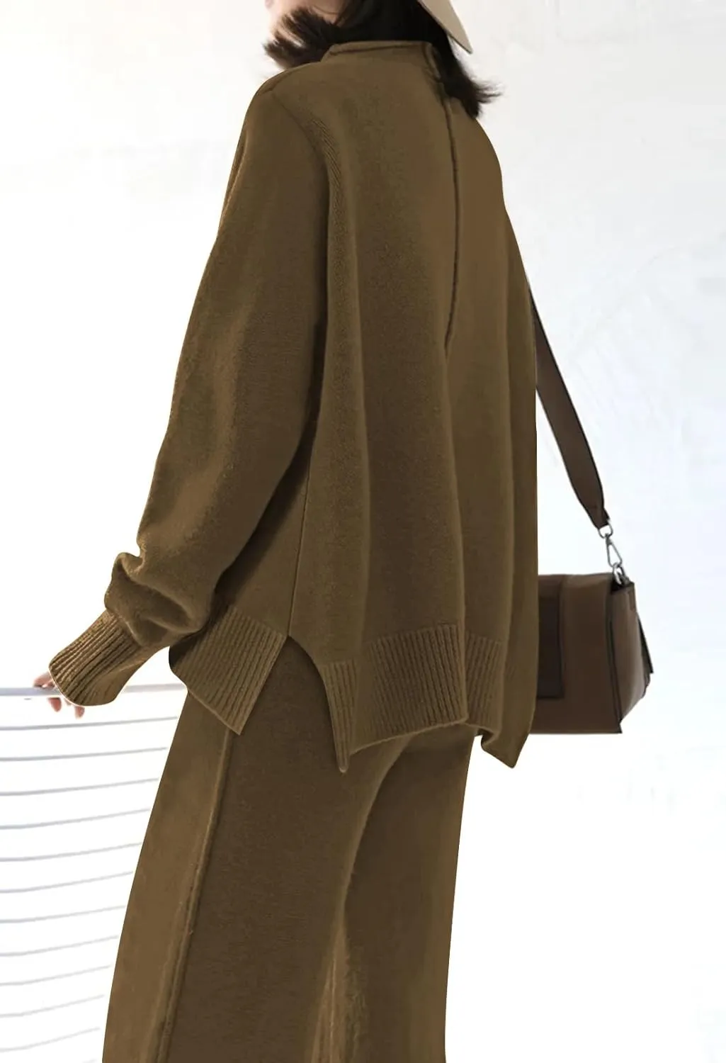 HUUSA Women's 2 Piece Sweatsuit Outfits Long Sleeve High Neck Knit Pullover Sweater Top High Waist Wide Legs Pants Lounge Set
