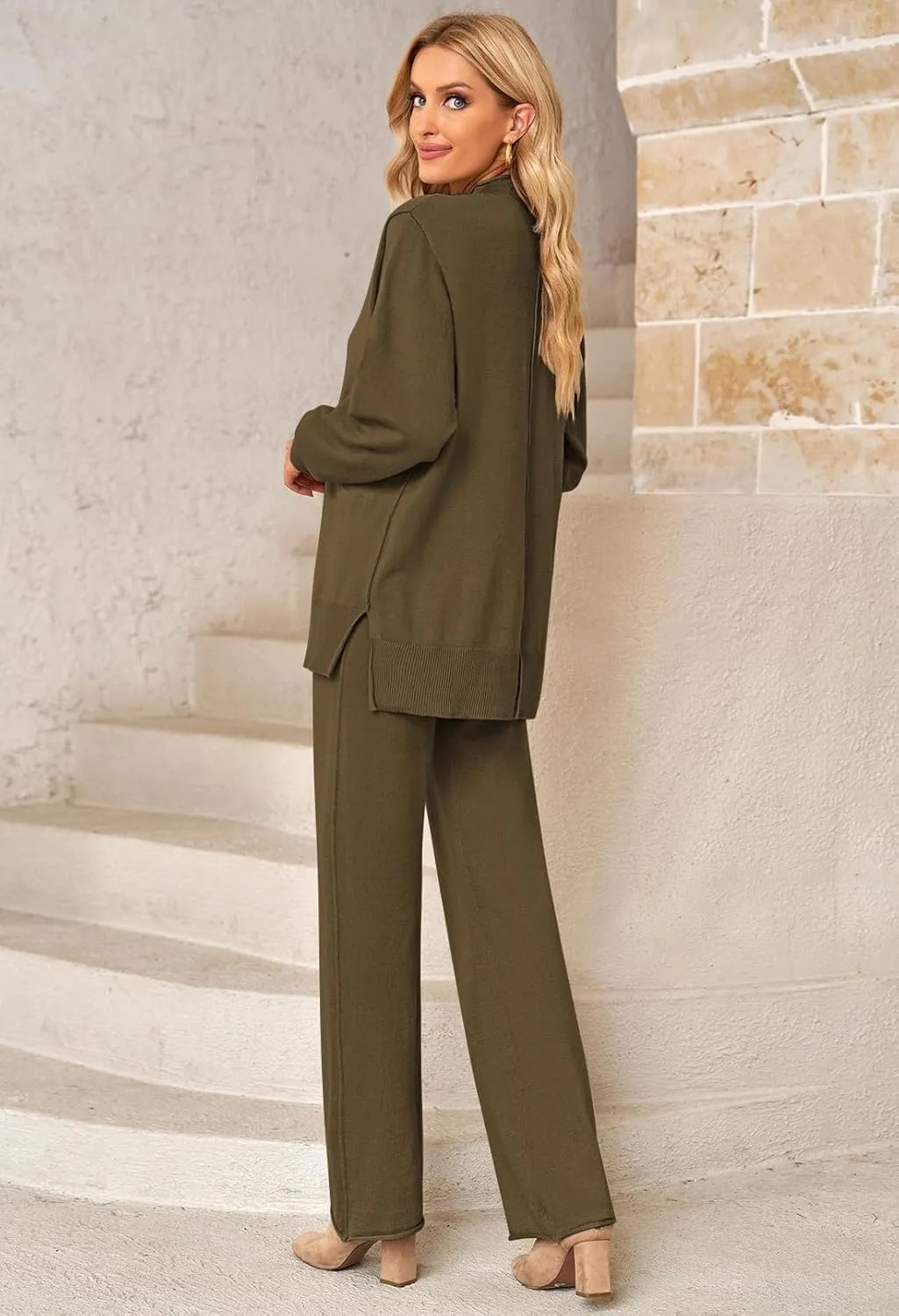 HUUSA Women's 2 Piece Sweatsuit Outfits Long Sleeve High Neck Knit Pullover Sweater Top High Waist Wide Legs Pants Lounge Set