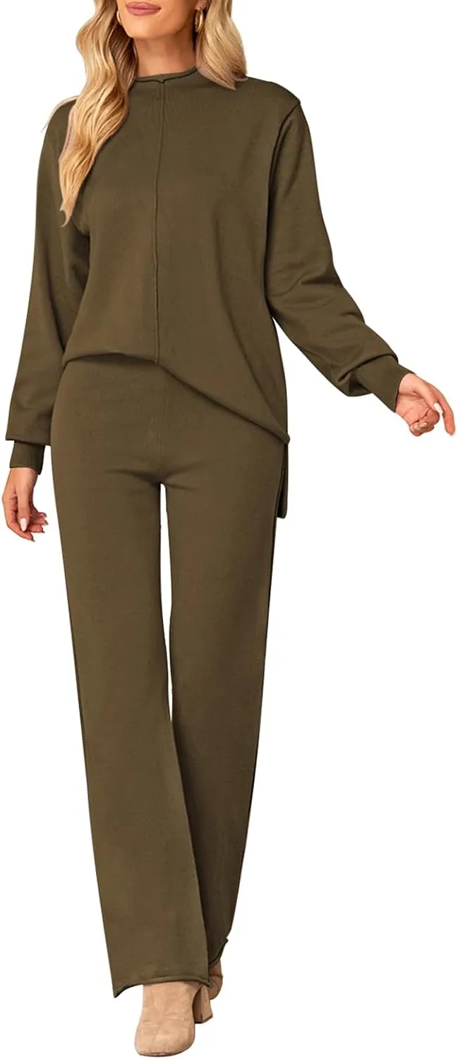 HUUSA Women's 2 Piece Sweatsuit Outfits Long Sleeve High Neck Knit Pullover Sweater Top High Waist Wide Legs Pants Lounge Set