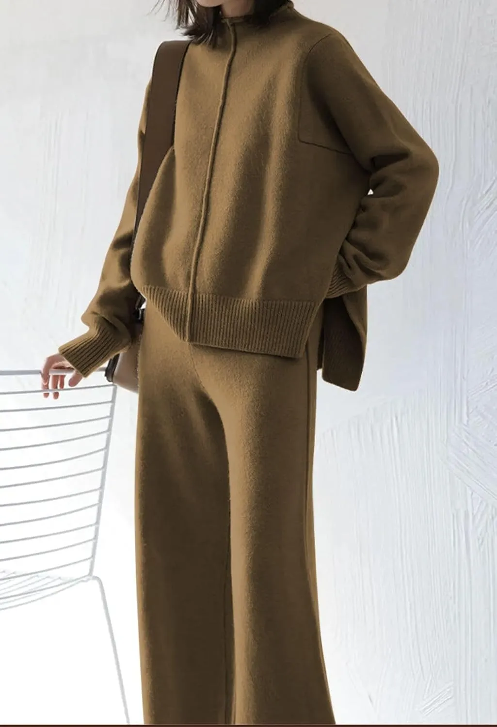 HUUSA Women's 2 Piece Sweatsuit Outfits Long Sleeve High Neck Knit Pullover Sweater Top High Waist Wide Legs Pants Lounge Set