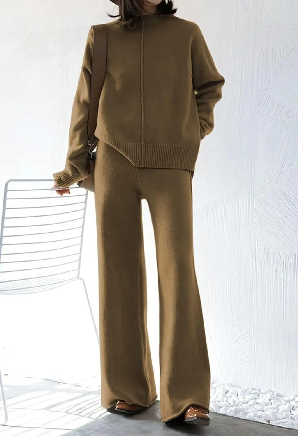 HUUSA Women's 2 Piece Sweatsuit Outfits Long Sleeve High Neck Knit Pullover Sweater Top High Waist Wide Legs Pants Lounge Set