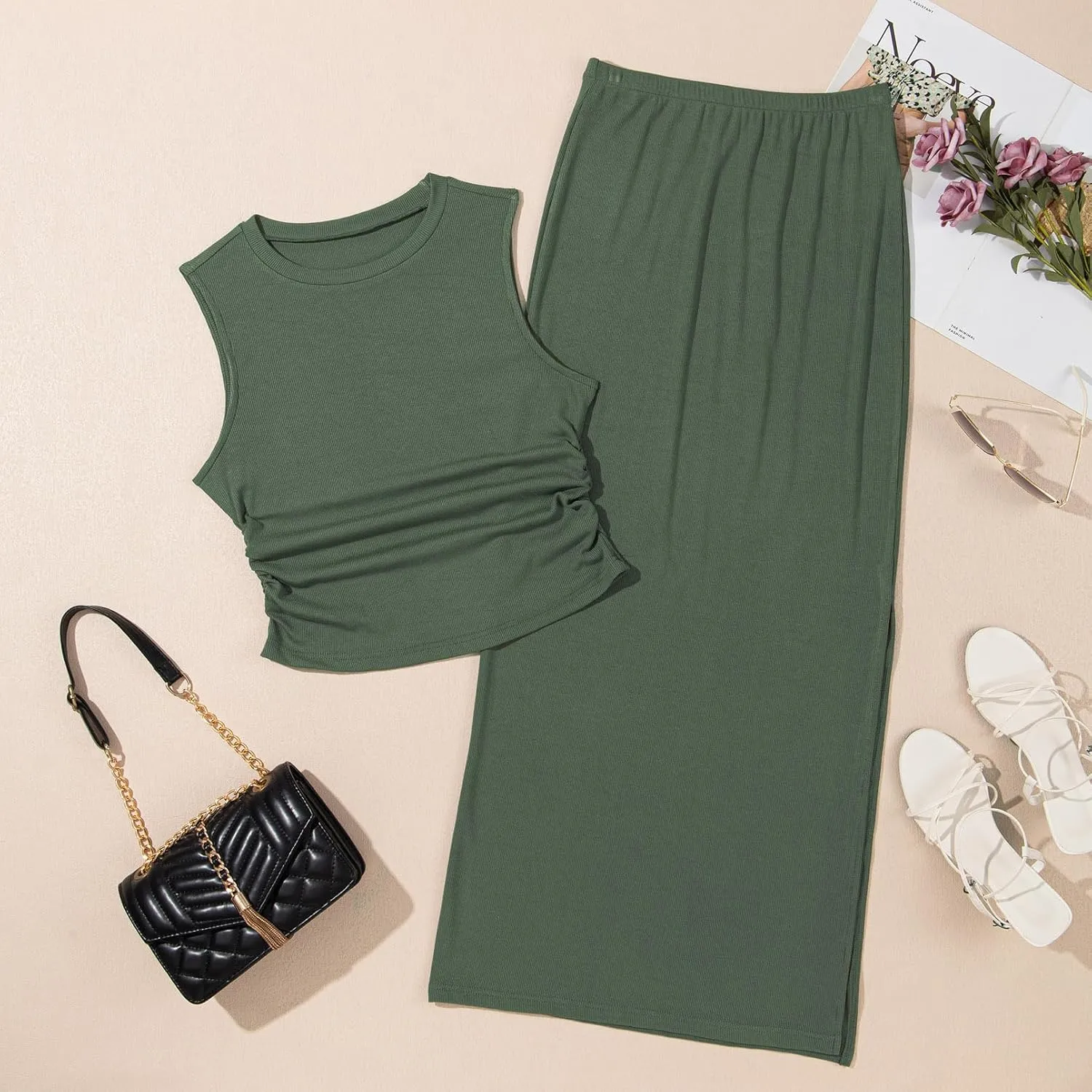 HUUSA Womens Two Piece Outfits Summer Bodycon Sleeveless Crewneck Crop Tank Tops Ribbed Split Long Skirt Dress Set