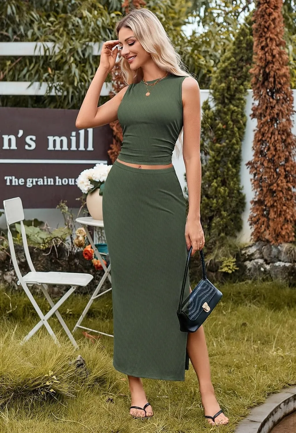 HUUSA Womens Two Piece Outfits Summer Bodycon Sleeveless Crewneck Crop Tank Tops Ribbed Split Long Skirt Dress Set