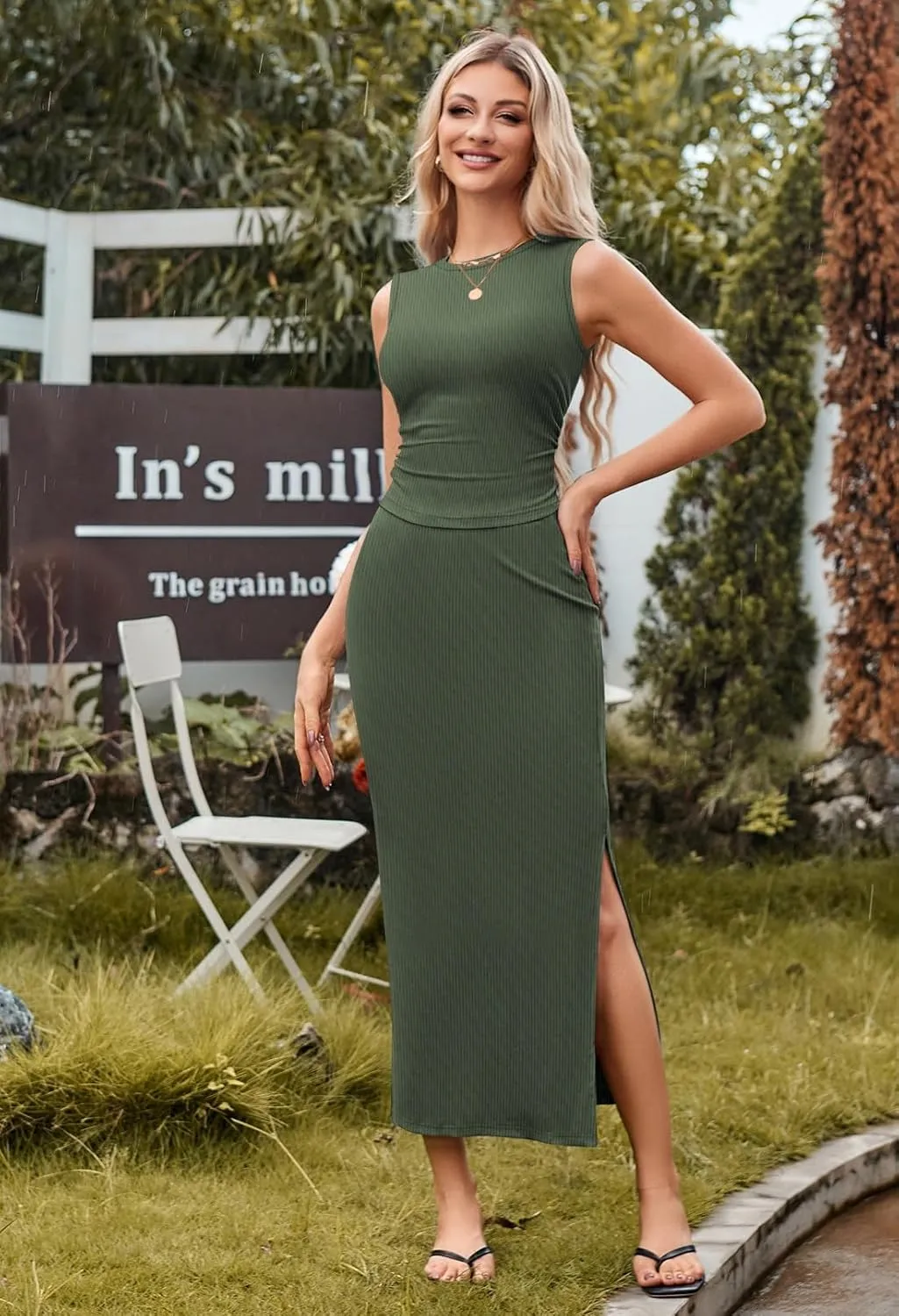 HUUSA Womens Two Piece Outfits Summer Bodycon Sleeveless Crewneck Crop Tank Tops Ribbed Split Long Skirt Dress Set