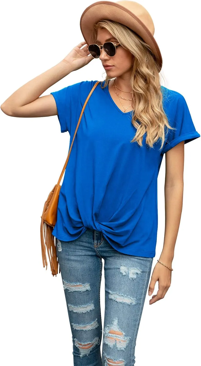 Iandroiy Women's Comfy Casual Summer Tops Short Sleeve V Neck Blouses T Shirts Twist Knot Tees