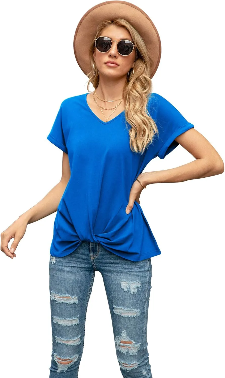 Iandroiy Women's Comfy Casual Summer Tops Short Sleeve V Neck Blouses T Shirts Twist Knot Tees