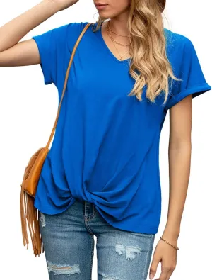 Iandroiy Women's Comfy Casual Summer Tops Short Sleeve V Neck Blouses T Shirts Twist Knot Tees