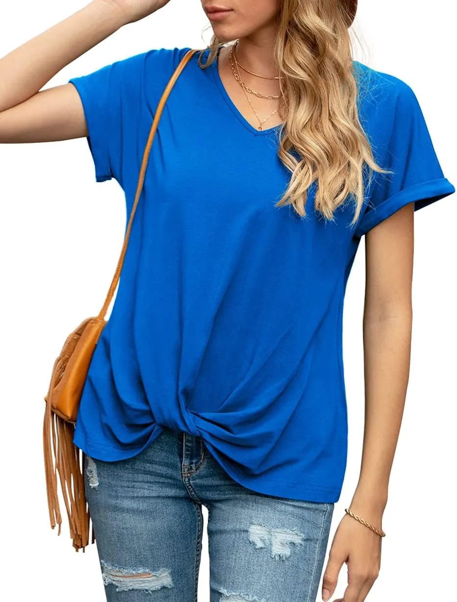 Iandroiy Women's Comfy Casual Summer Tops Short Sleeve V Neck Blouses T Shirts Twist Knot Tees