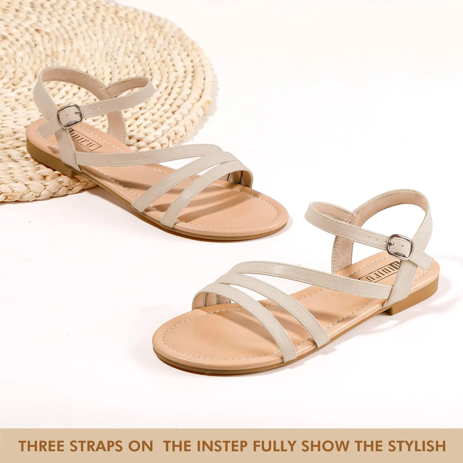 IDIFU Strappy Sandals for Women Dressy Summer Flat Sandals with Back Strap Open Toe Slingback Ankle Strap Sandals Wedding Bridal Prom Bride Bridesmaid Sandals Comfortable Cute Casual Dress Sandals