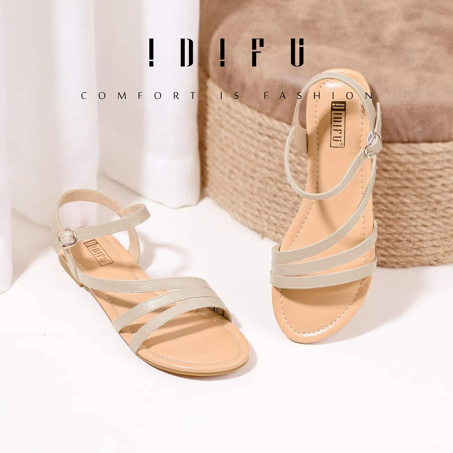 IDIFU Strappy Sandals for Women Dressy Summer Flat Sandals with Back Strap Open Toe Slingback Ankle Strap Sandals Wedding Bridal Prom Bride Bridesmaid Sandals Comfortable Cute Casual Dress Sandals