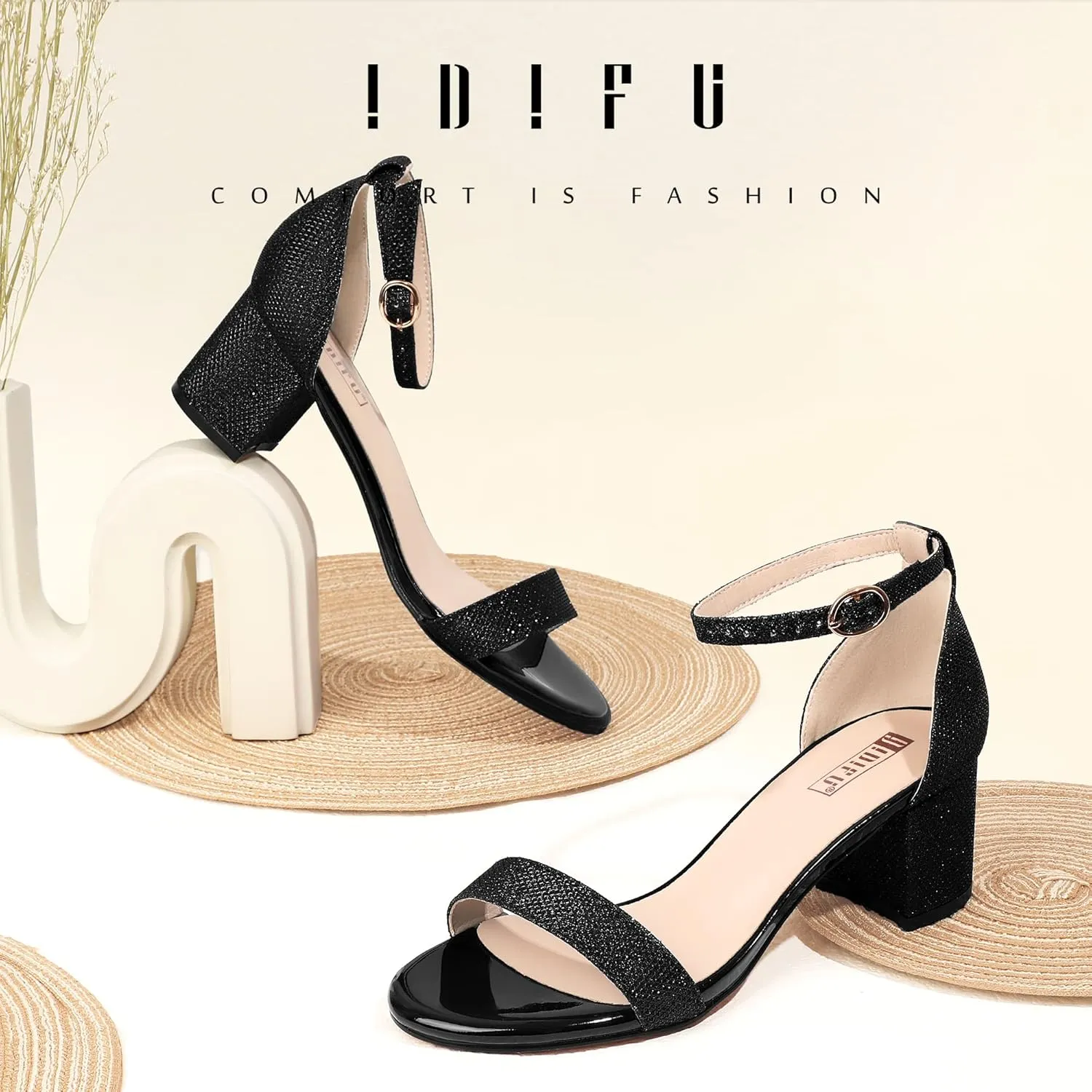 IDIFU Women's Cookie-LO Low Block Heels Chunky Sandals Ankle Strap Wedding Dress Pump Shoes