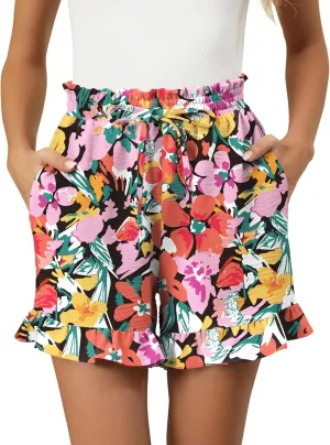IECCP Women's Shorts 2025 Summer Casual Cute Ruffle Shorts Comfy Elastic Waist Drawstring Pleated Short with Pockets