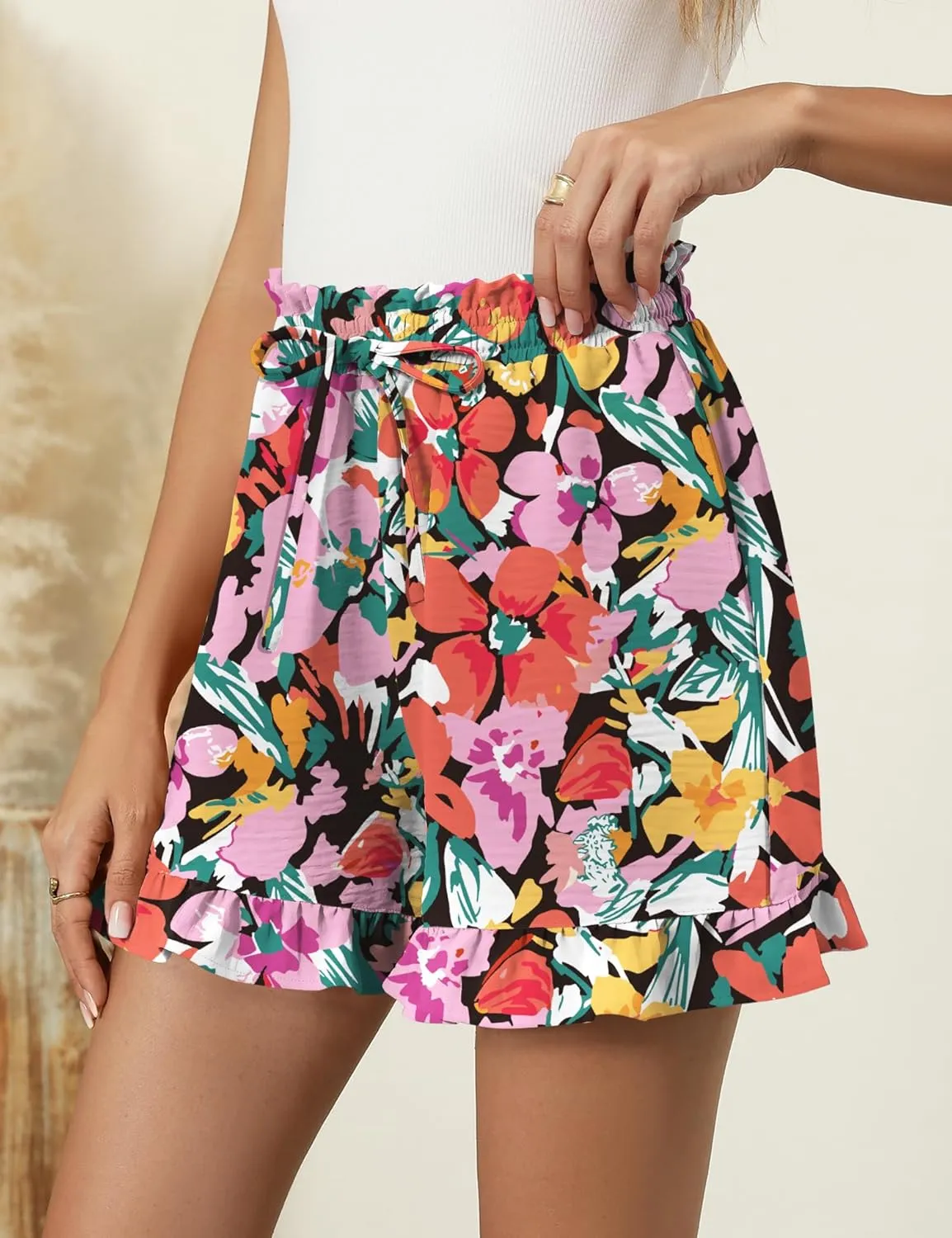 IECCP Women's Shorts 2025 Summer Casual Cute Ruffle Shorts Comfy Elastic Waist Drawstring Pleated Short with Pockets