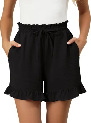 IECCP Women's Shorts 2025 Summer Casual Cute Ruffle Shorts Comfy Elastic Waist Drawstring Pleated Short with Pockets