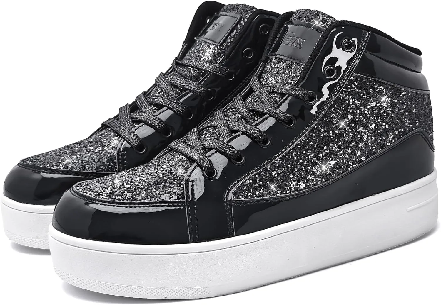 IGxx Womens Platform Glitter Shoes Black High Top Sparkly Sneakers Shiny Fashion Bling Dressy Sequin Metallic Sneakers Disco Wedding Shoes