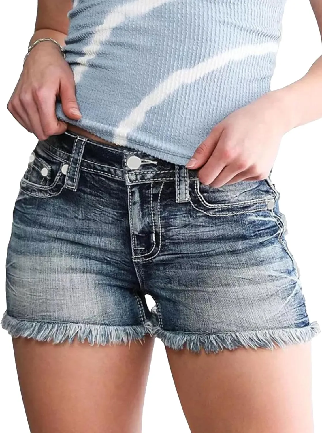 Jean Shorts for Women Denim Shorts Mid Rise Raw Hem Skinny Stretchy Back Embroidery Pocket Shorts
