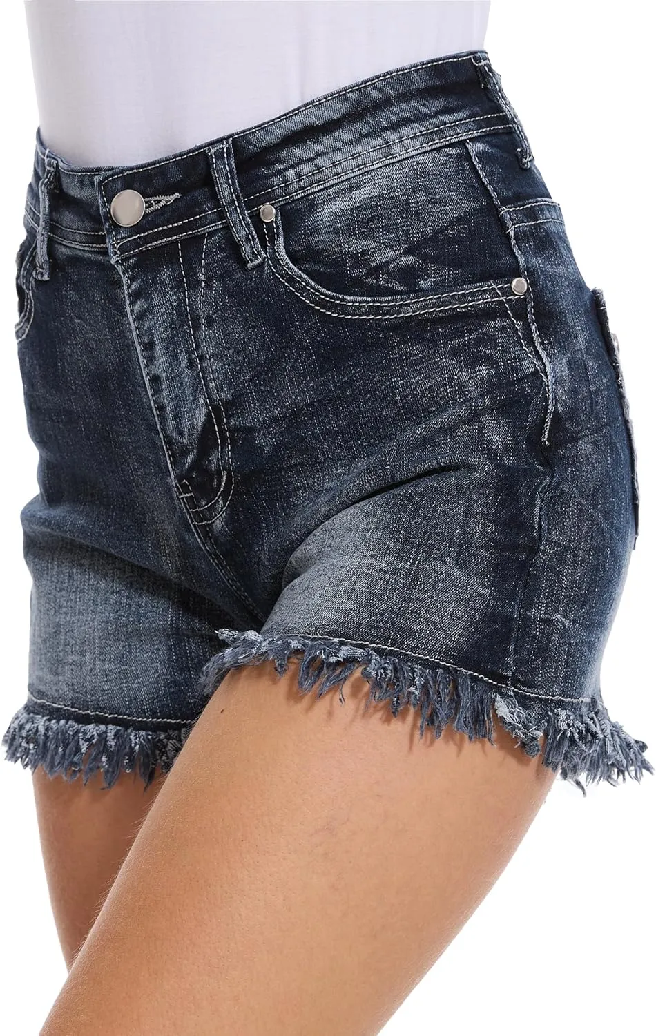 Jean Shorts for Women Denim Shorts Mid Rise Raw Hem Skinny Stretchy Back Embroidery Pocket Shorts