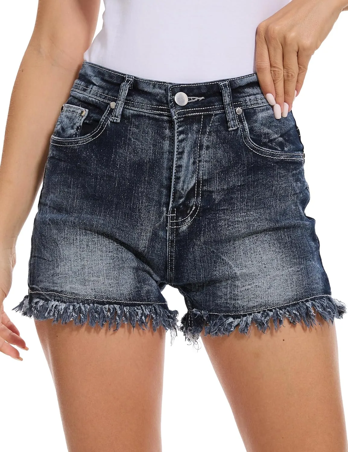 Jean Shorts for Women Denim Shorts Mid Rise Raw Hem Skinny Stretchy Back Embroidery Pocket Shorts