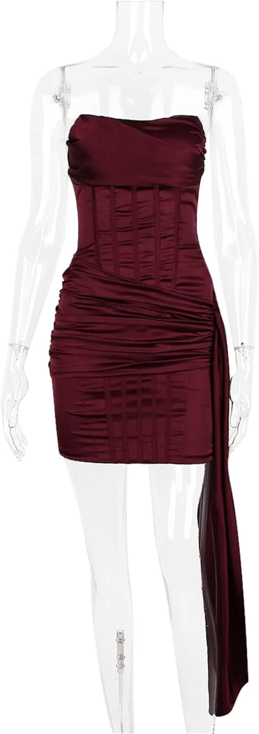 JEKE-DG Women's Backless Tube Top Party Club Dress Bodycon Ruched Elegant Midi Dress Sleeveless Sexy Formal Dresses
