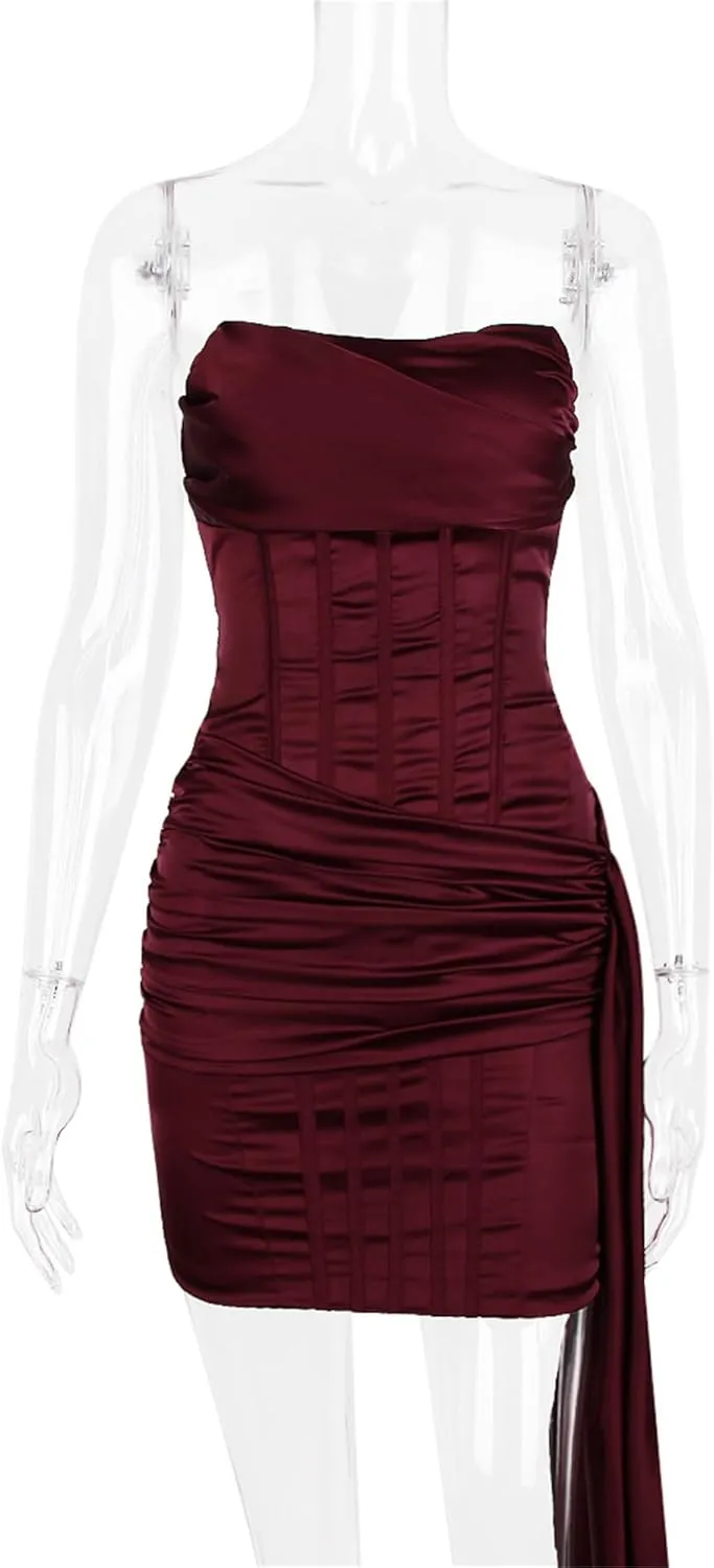 JEKE-DG Women's Backless Tube Top Party Club Dress Bodycon Ruched Elegant Midi Dress Sleeveless Sexy Formal Dresses