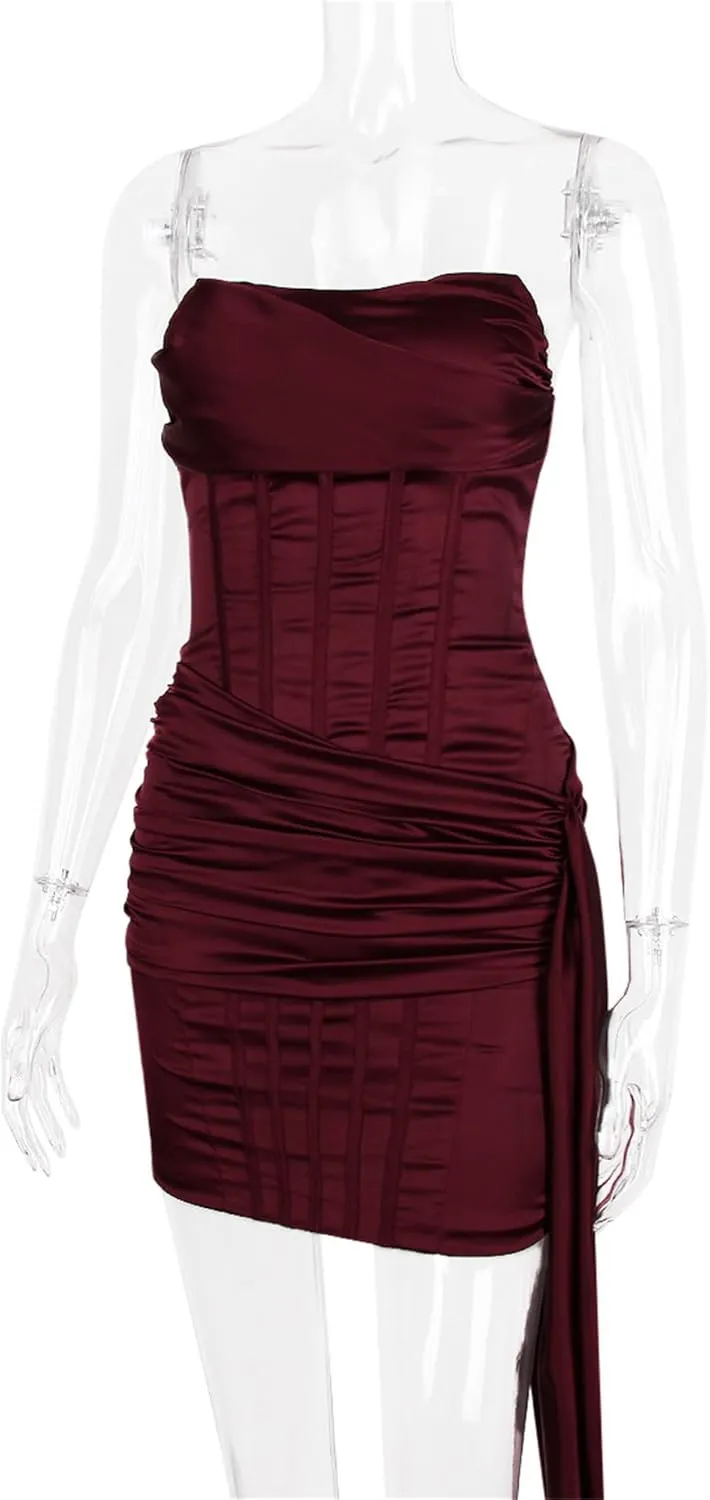 JEKE-DG Women's Backless Tube Top Party Club Dress Bodycon Ruched Elegant Midi Dress Sleeveless Sexy Formal Dresses