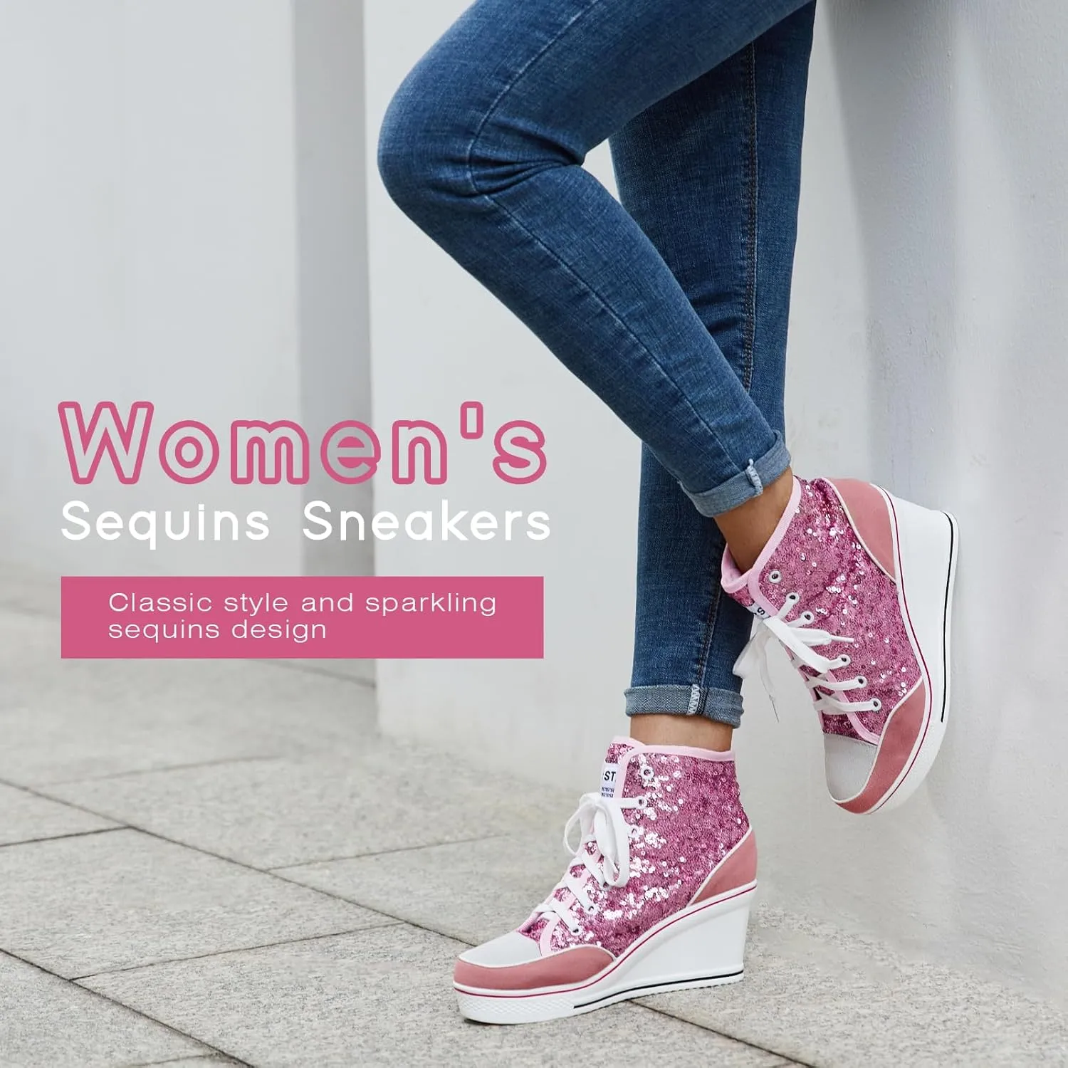Jiu du Women's Glitter Sneakers Platform Wedge Sneaker Sparkly Sequin High Top Lace Up Sneakers Bling Wedding Dressy Tennis Shoes