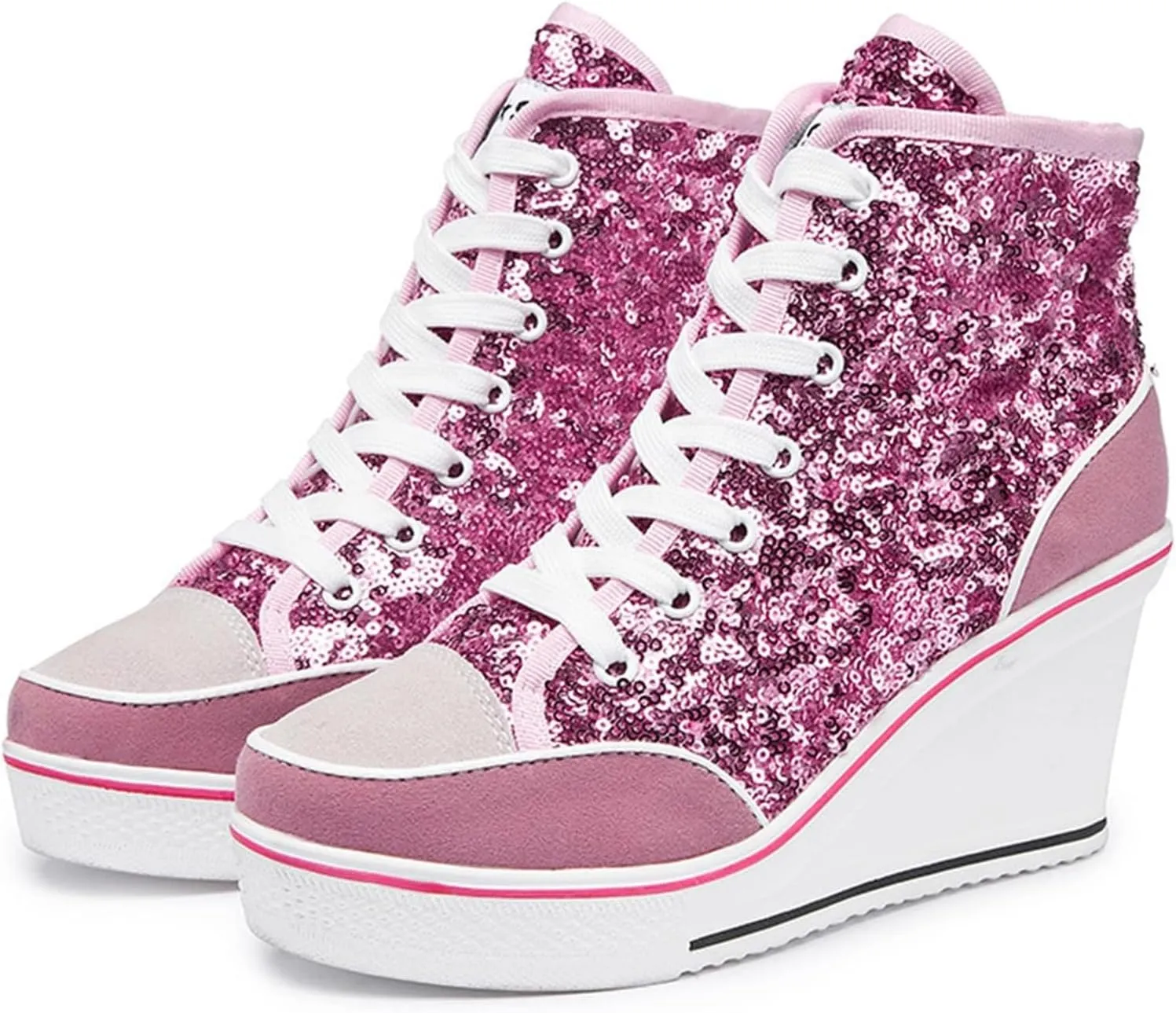 Jiu du Women's Glitter Sneakers Platform Wedge Sneaker Sparkly Sequin High Top Lace Up Sneakers Bling Wedding Dressy Tennis Shoes