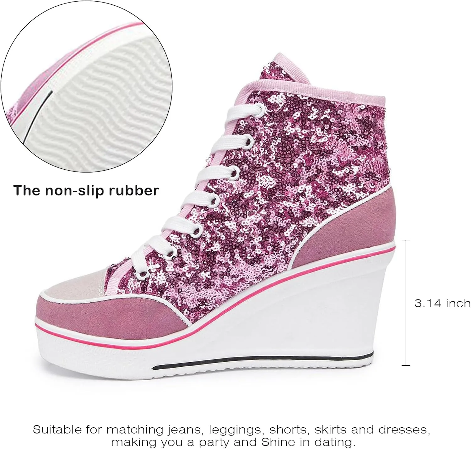 Jiu du Women's Glitter Sneakers Platform Wedge Sneaker Sparkly Sequin High Top Lace Up Sneakers Bling Wedding Dressy Tennis Shoes