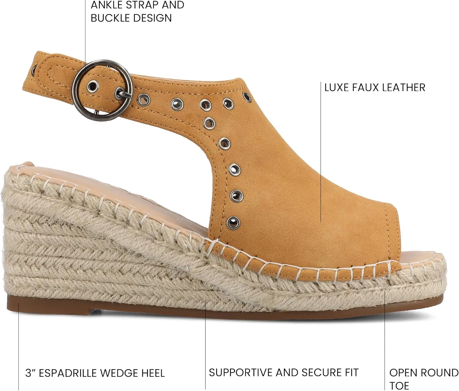 Journee Womens cushioned footbed Crisie Wedge Heel Sandals Espadrille Ankle Buckle Faux Leather Open Toe 3-4 Inch Heel